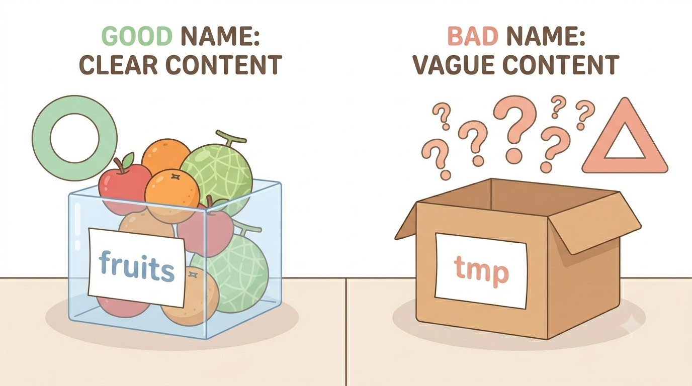 変数名の良い例と悪い例の比較図。中身が分かるfruitsと、中身が分からないtmp