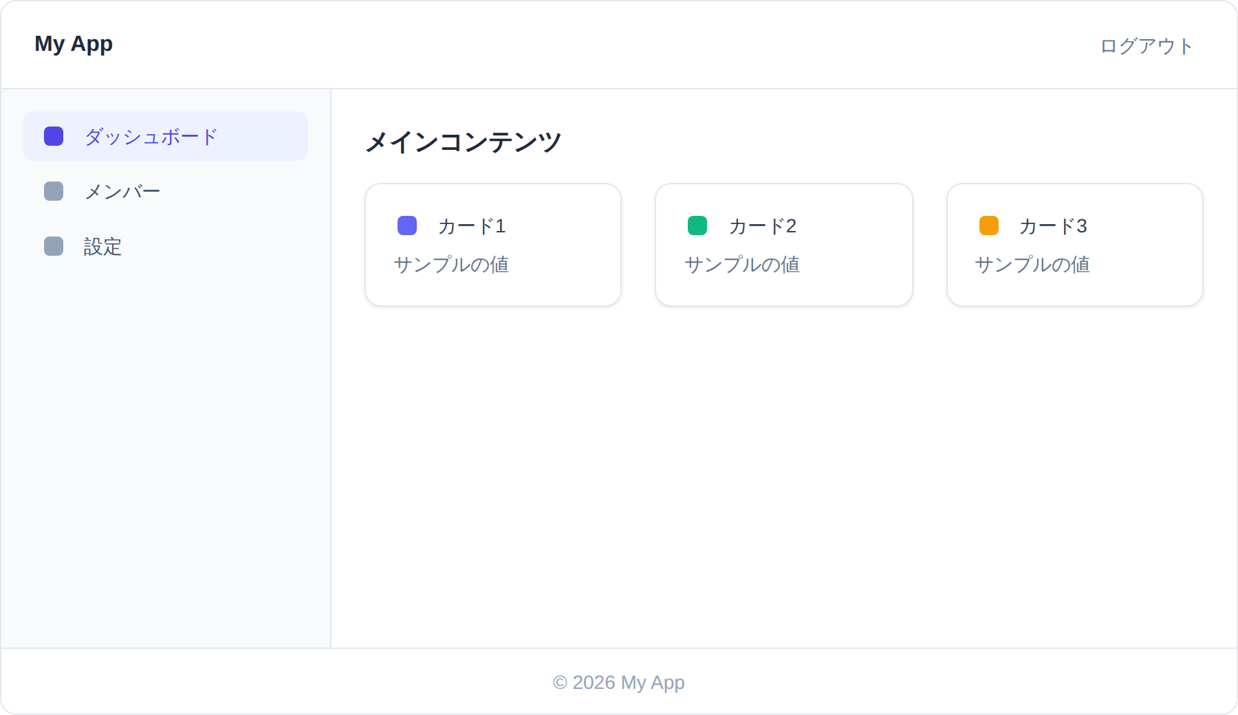 Tailwind CSSで作る管理画面レイアウト(ヘッダー・サイドバー・フッター)の完成イメージ
