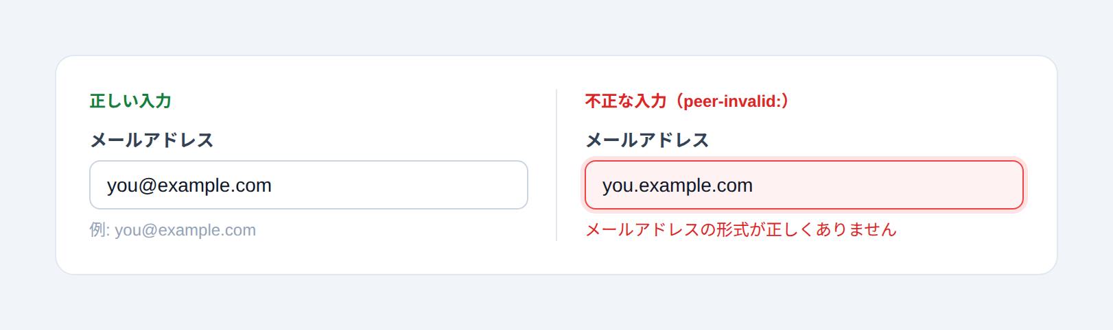 peer-invalidでフォーム入力が不正なときに赤いエラー表示を出す例